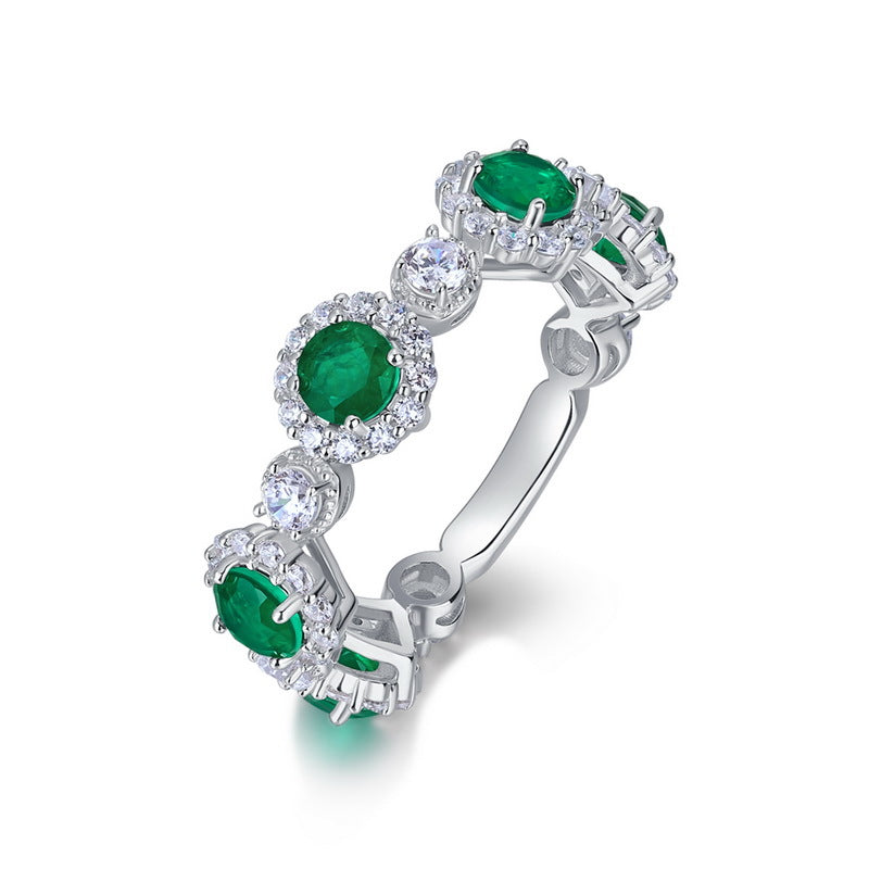 Origsoul engagement ring emerald cut style featuring oval green emeralds and round white diamonds in silver band