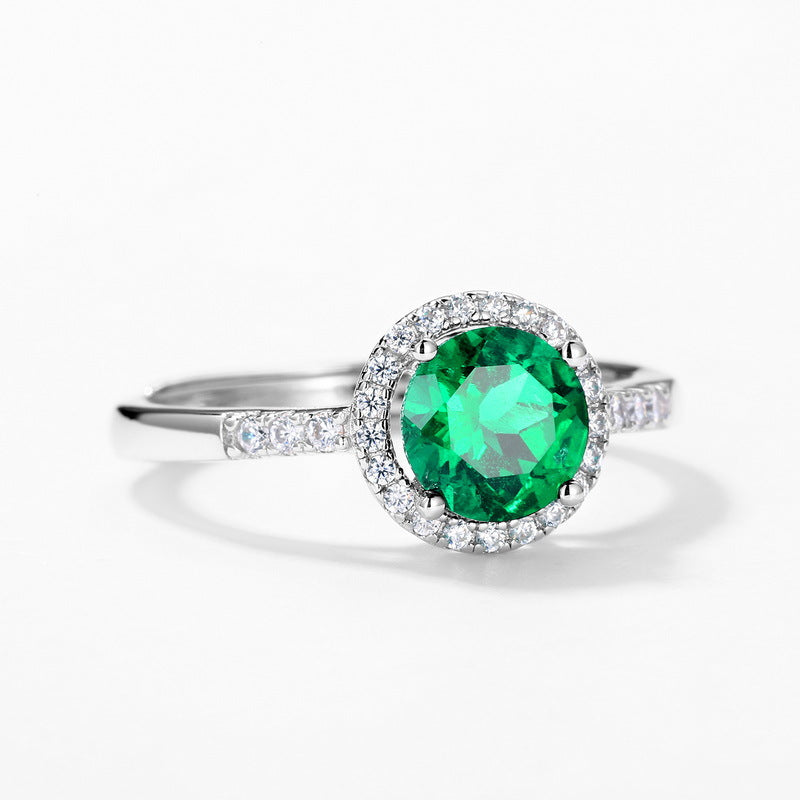 Origsoul emerald cut wedding ring with round green gemstone and diamond halo on silver band