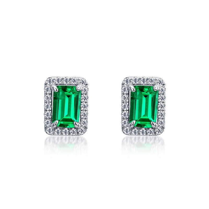 Origsoul elegant ear stud earrings with rectangular green gemstones surrounded by small sparkling crystals