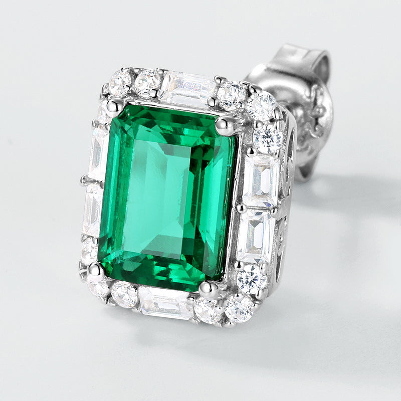 Origsoul emerald earrings stud with rectangular green gemstone surrounded by clear crystals