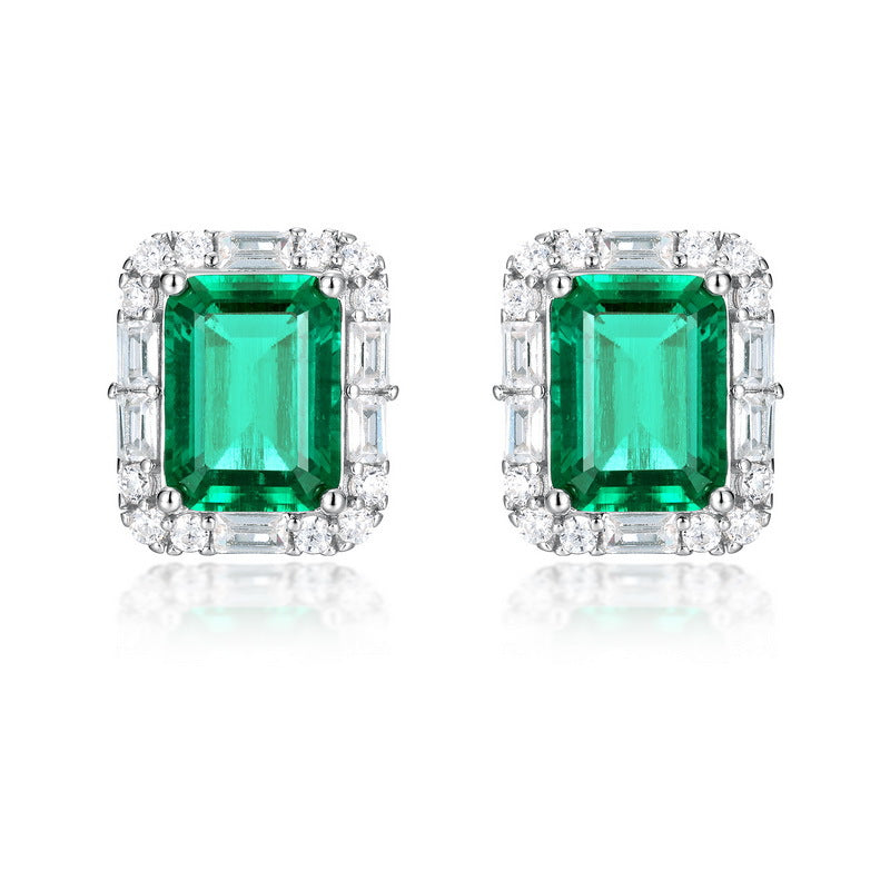 Origsoul emerald earrings stud with rectangular emeralds surrounded by sparkling white stones