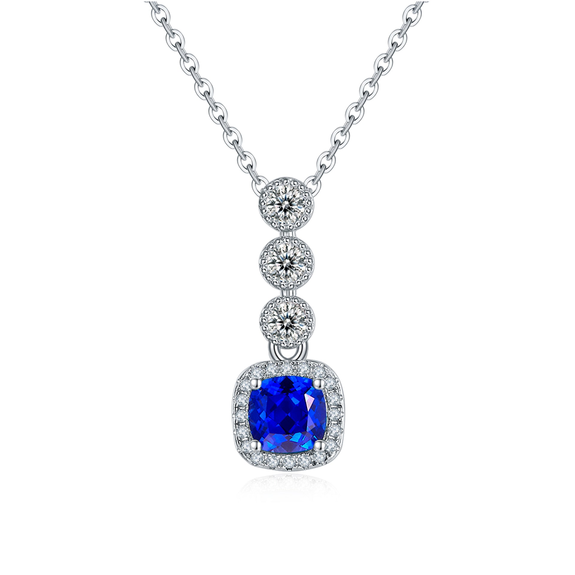 Origsoul silver necklace emerald style with blue square gemstone and three round clear crystals pendant