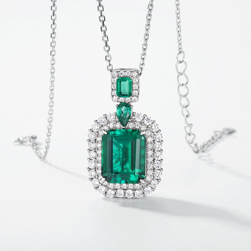 Origsoul elegant emerald necklace with large square emerald and surrounding clear stones on silver chain