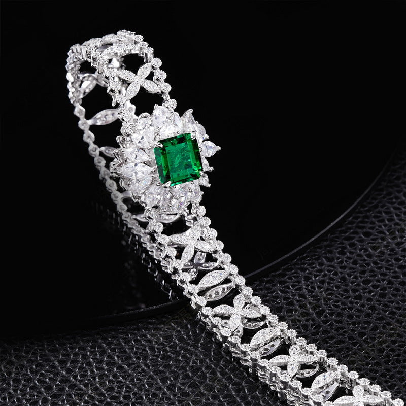 Origsoul emerald necklace with square green gemstone and intricate silver floral design