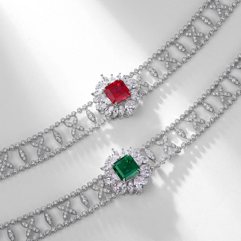Origsoul emerald necklace with silver chain and square green gemstone surrounded by white diamonds