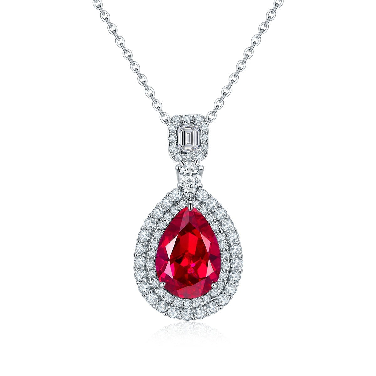 Origsoul elegant emerald necklace featuring a red teardrop gemstone surrounded by sparkling diamonds