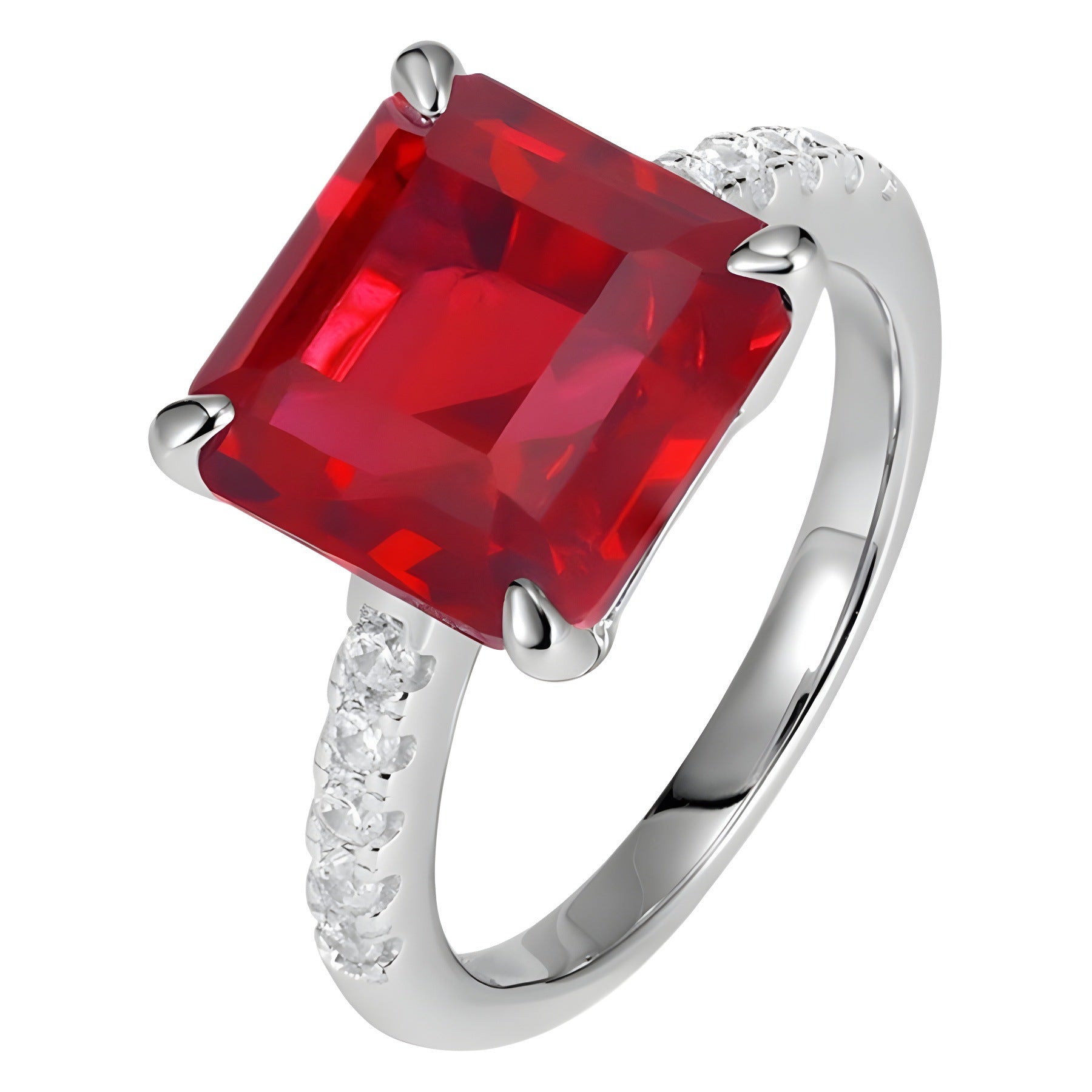 Origsoul engagement ring emerald cut with large red gemstone and small clear stones on silver band