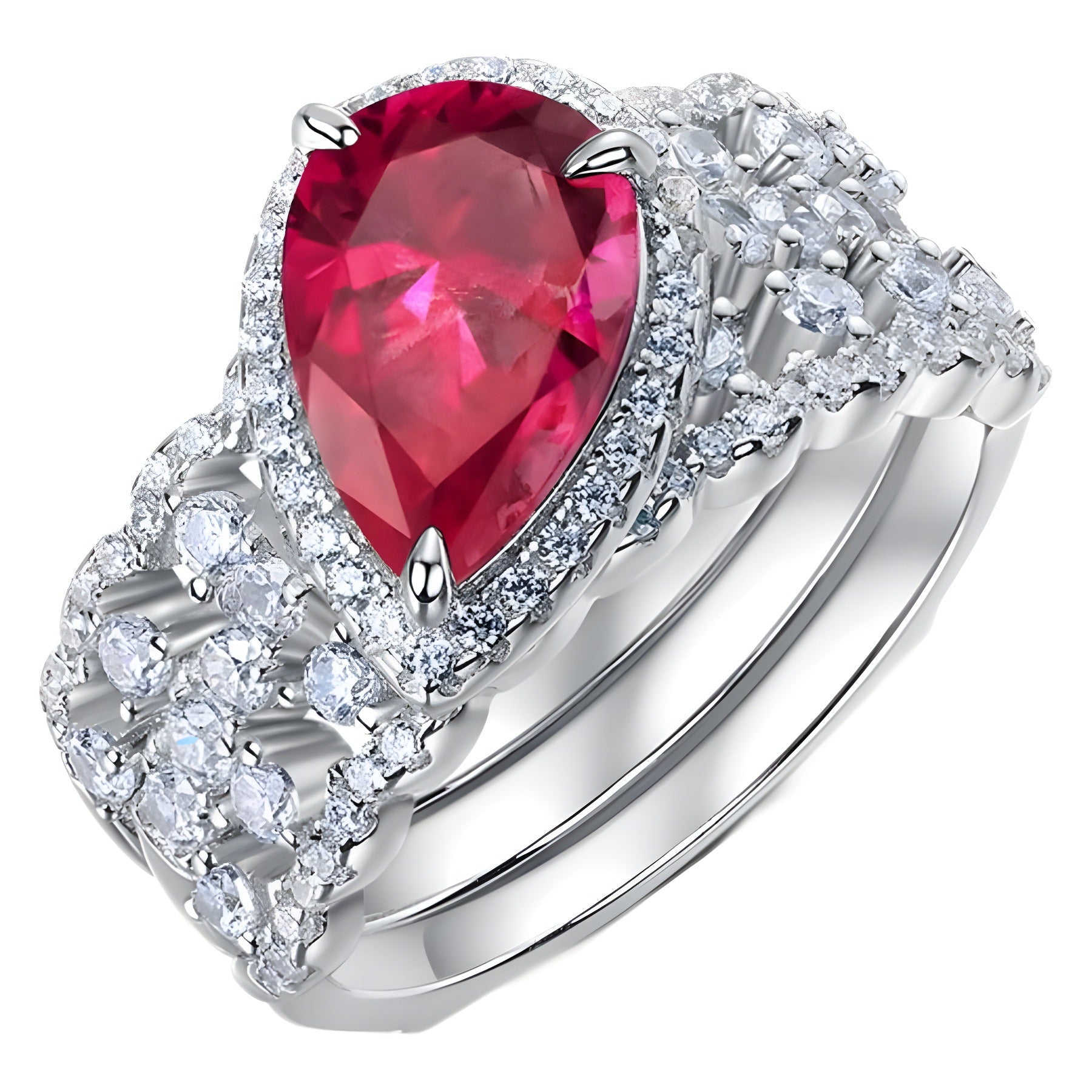 Origsoul engagement ring emerald cut with pear-shaped red center stone and diamond halo on silver band