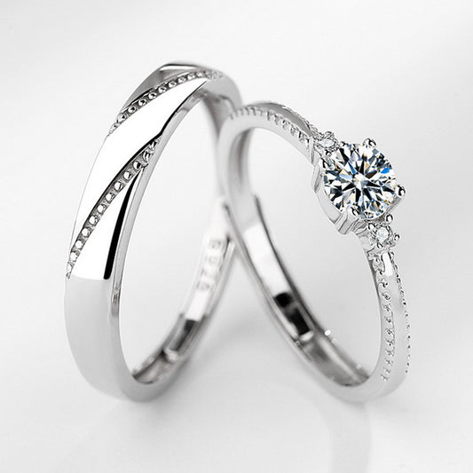 Origsoul silver engagement rings for couples with a solitaire diamond and matching band set