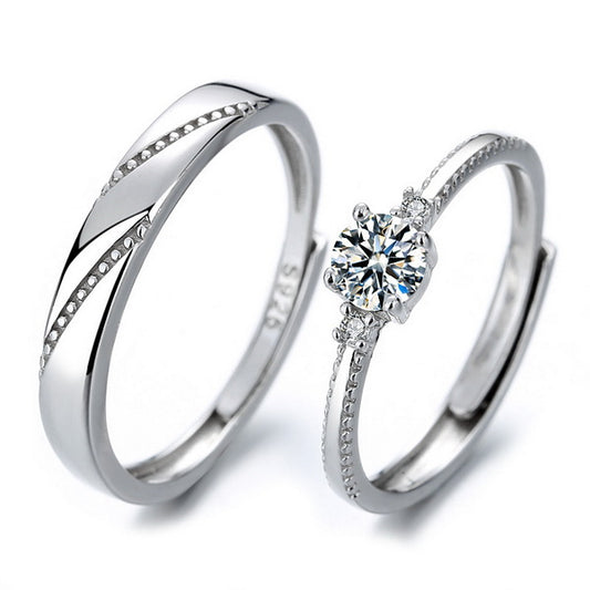 Origsoul silver engagement rings for couples with one ring featuring a round diamond and the other a polished band