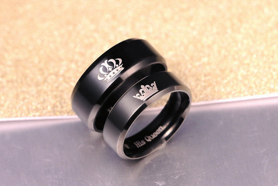 Origsoul black engraved promise rings for couples with crown design for his queen and king