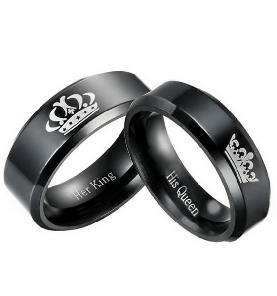 Origsoul black engraved promise rings for couples with crown design and Her King His Queen engraving