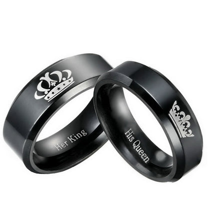 Origsoul black engraved promise rings for couples with crown design and Her King His Queen engraving