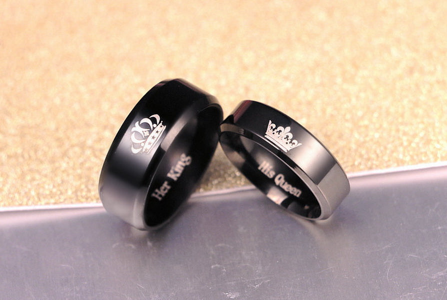 Origsoul engraved promise rings for couples in black with crown designs and His King Her Queen inscriptions