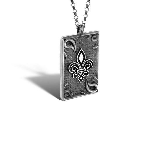 Origsoul fleur-de-lis pendant necklace in silver with intricate rectangular design and chain