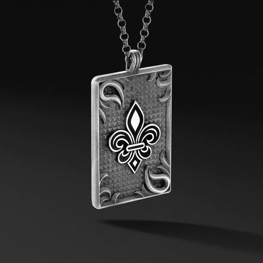 Origsoul fleur-de-lis pendant necklace with detailed rectangular birthflower jewelry design in silver tone