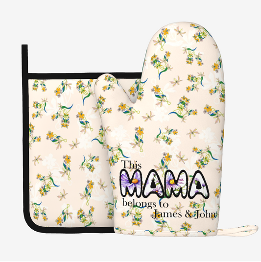 Origsoul floral oven mitt and pot holder set with personalized text for kitchen use