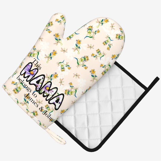 Origsoul floral oven mitt and pot holder set with personalized Mom design and small yellow flowers