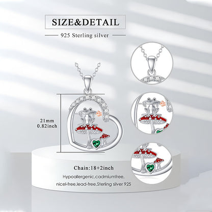 Origsoul 925 sterling silver frog mushroom necklace with heart pendant and red mushroom details