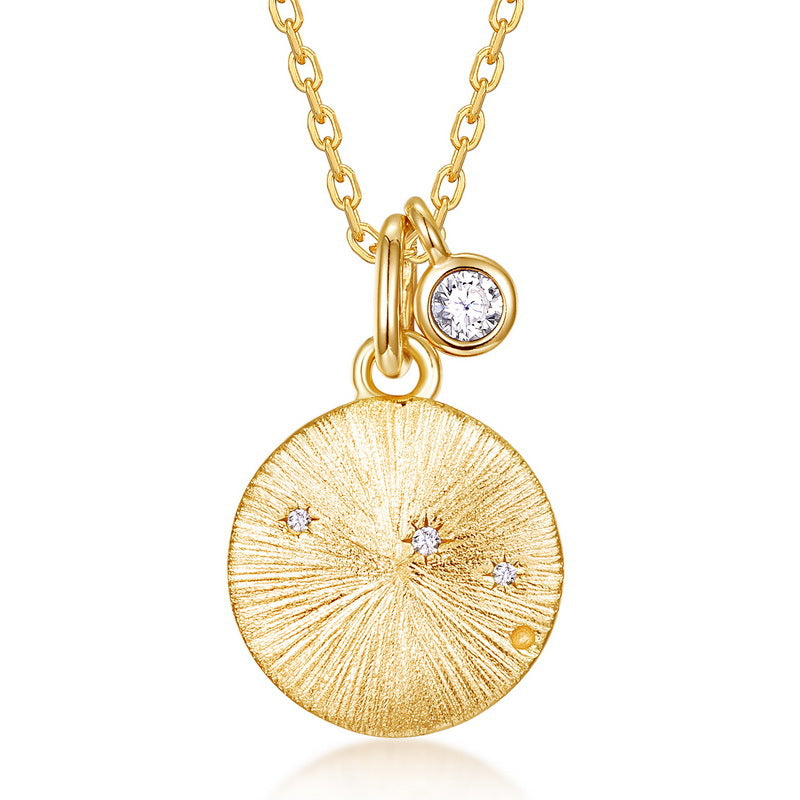 Origsoul gold necklace birthstone pendant with textured round charm and small clear gemstone charm