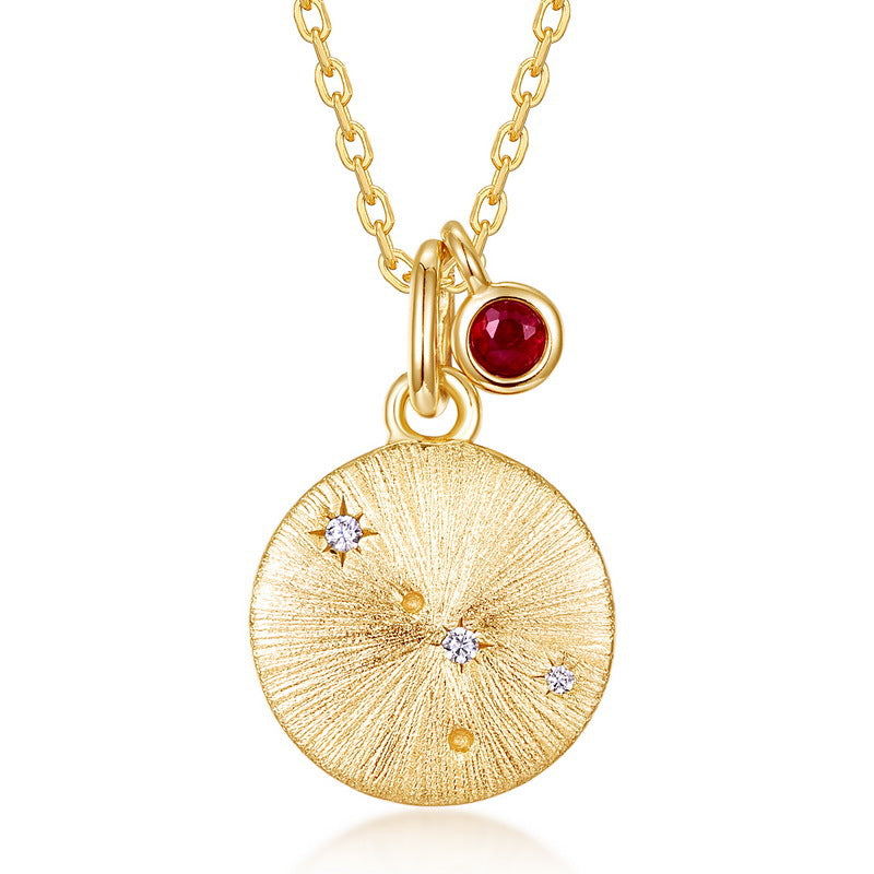 Origsoul gold pendant necklace birthstone with textured disk and red gemstone charm