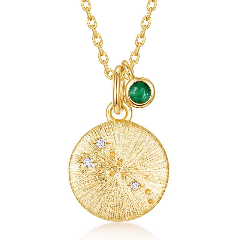 Origsoul gold necklace birthstone with textured circular pendant and small green birthstone charm