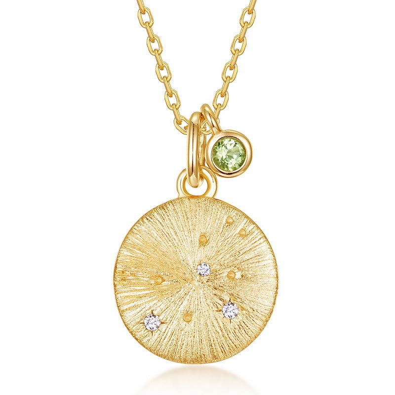 Origsoul gold necklace birthstone pendant with textured round charm and green birthstone accent