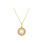 Origsoul freshwater pearl necklace with gold chain and crystal embellished circular pendant