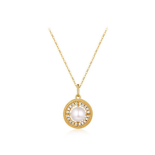 Origsoul freshwater pearl necklace with gold chain and crystal embellished circular pendant