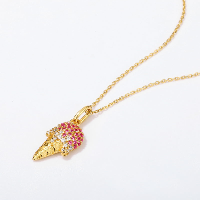 Origsoul gold necklace with ice cream cone pendant embellished with pink and clear crystals sterling silver jewlry