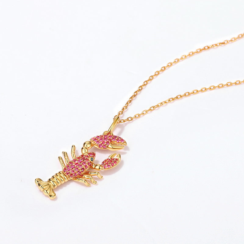 Origsoul lobster pendant necklace with pink stones on gold chain sterling silver jewlry