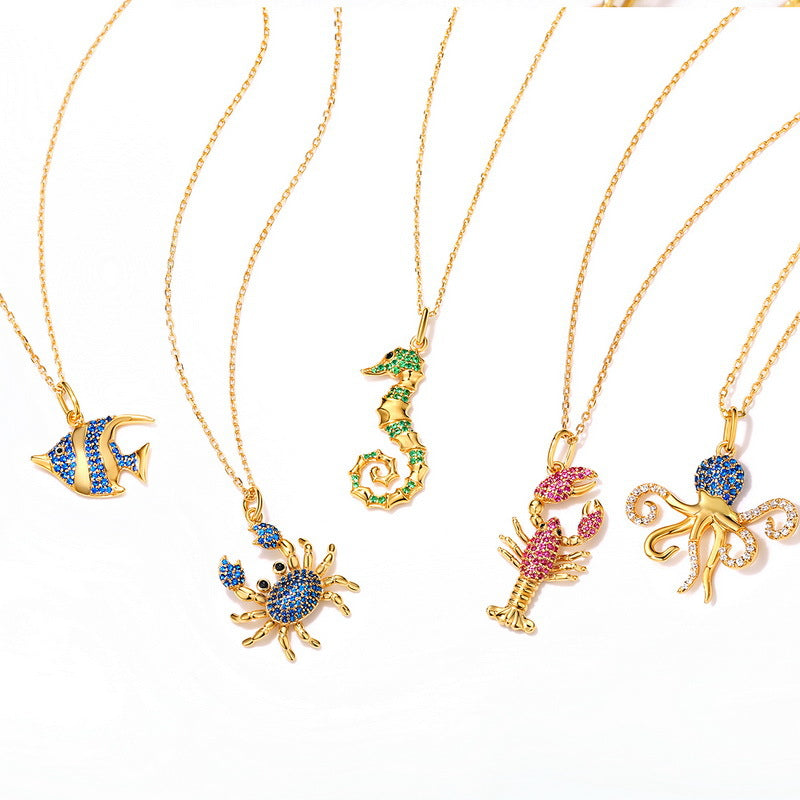 Origsoul silver necklace sterling with gold sea creature pendants including fish crab seahorse lobster and octopus