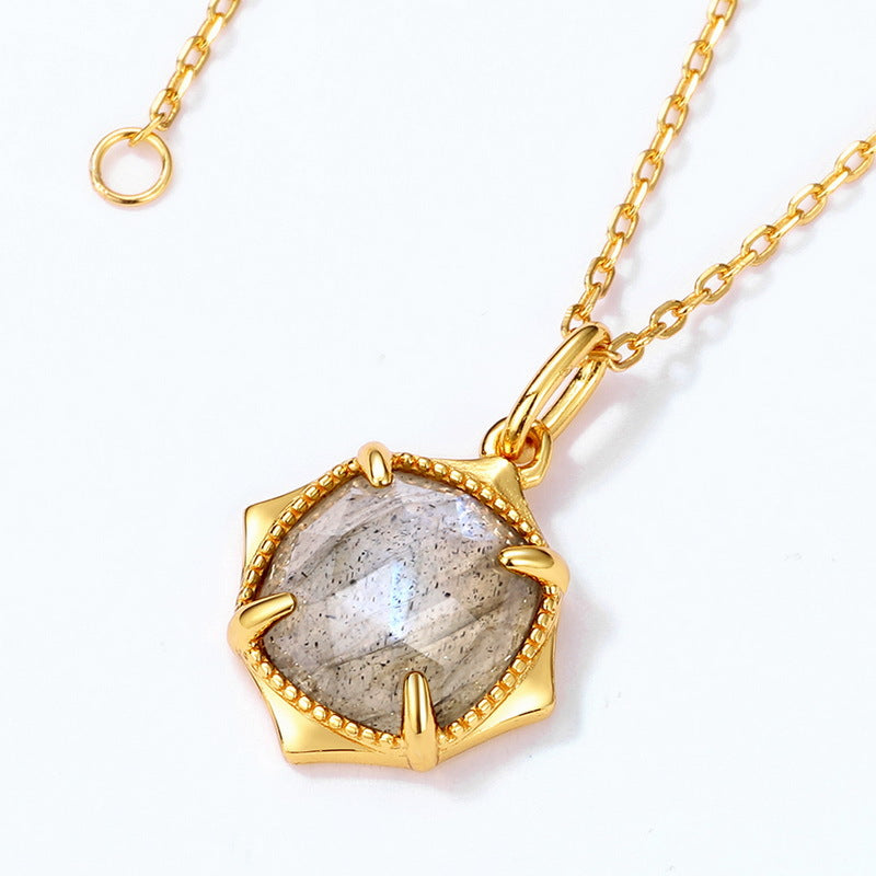 Origsoul minimalist necklace with gold chain and hexagon pendant featuring a labradorite stone