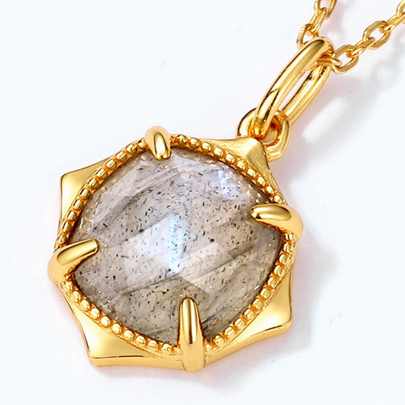 Origsoul minimalist necklace with gold setting and faceted gray stone pendant