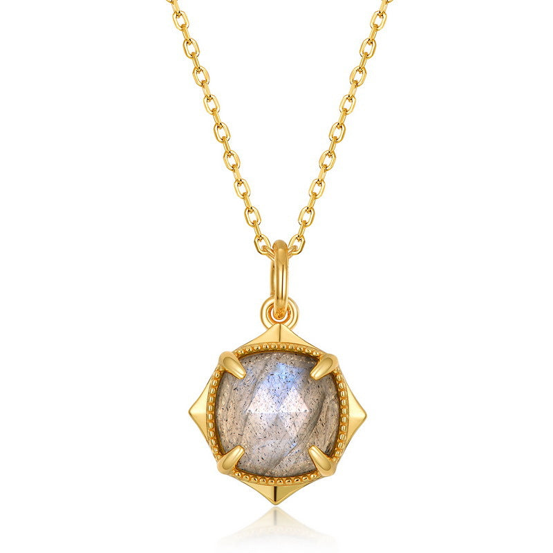 Origsoul minimalist necklace featuring gold chain and round labradorite gemstone pendant