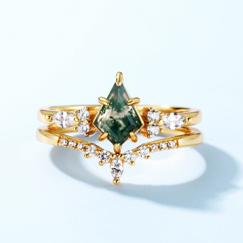 Origsoul moss agate ring with gold band and sparkling clear gemstones in an elegant design