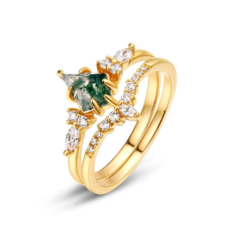 Origsoul gold moss agate ring with triangular green stone and clear crystal accents
