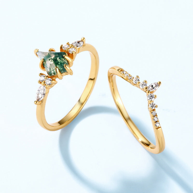 Origsoul gold moss agate ring with green moss agate stone and diamond accents alongside matching gold ring