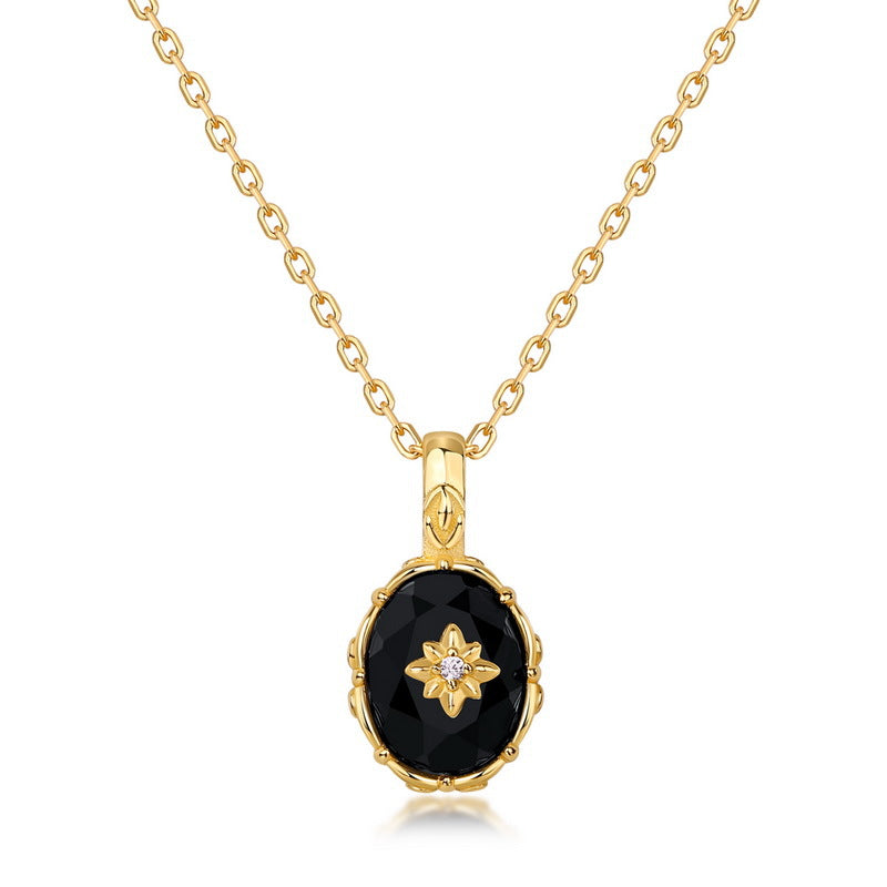 Origsoul gold pendant necklace with black oval gemstone and silver sterling ring detail
