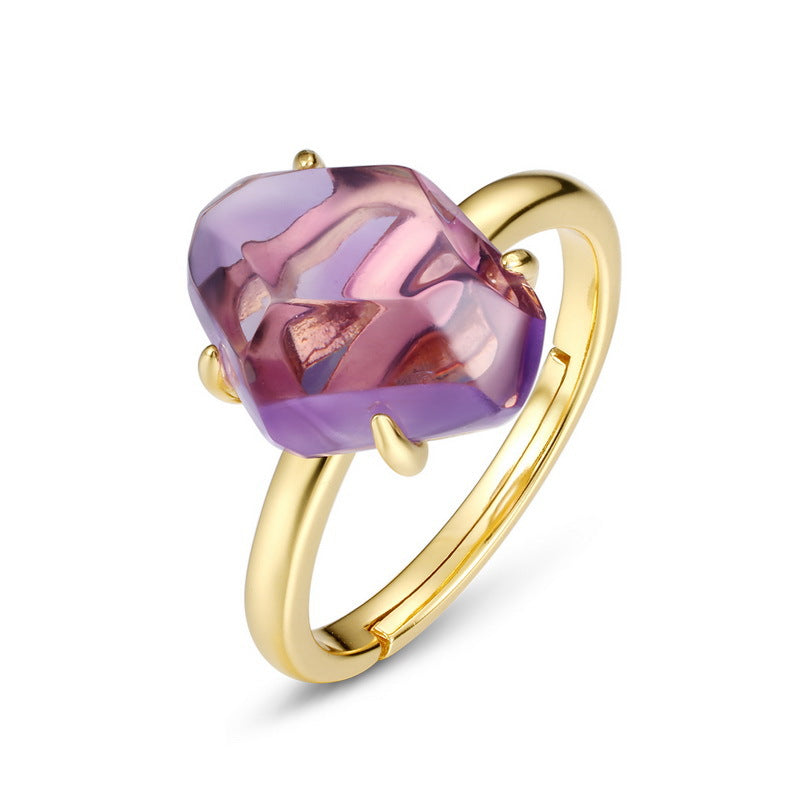 Origsoul ring sterling silver with gold finish and large faceted purple gemstone