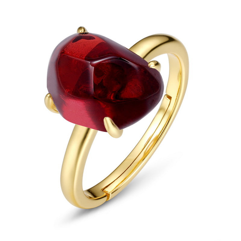 Origsoul ring sterling silver with gold finish and large deep red gemstone centerpiece