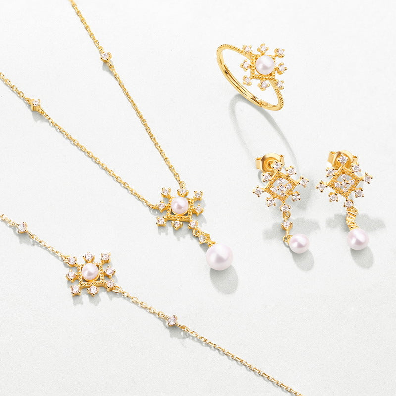 Origsoul gold jewelry set with pearls and crystals including necklace, ring, bracelet, and earrings silver sterling jewellery