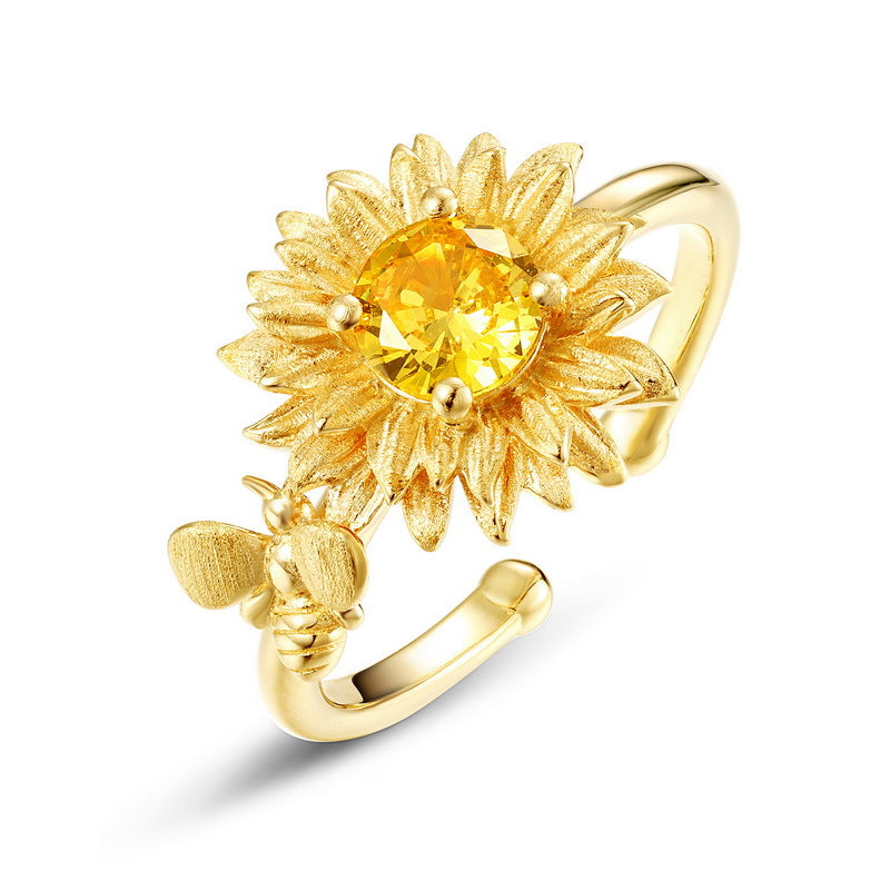 Origsoul silver sterling ring with sunflower design and yellow gemstone centerpiece