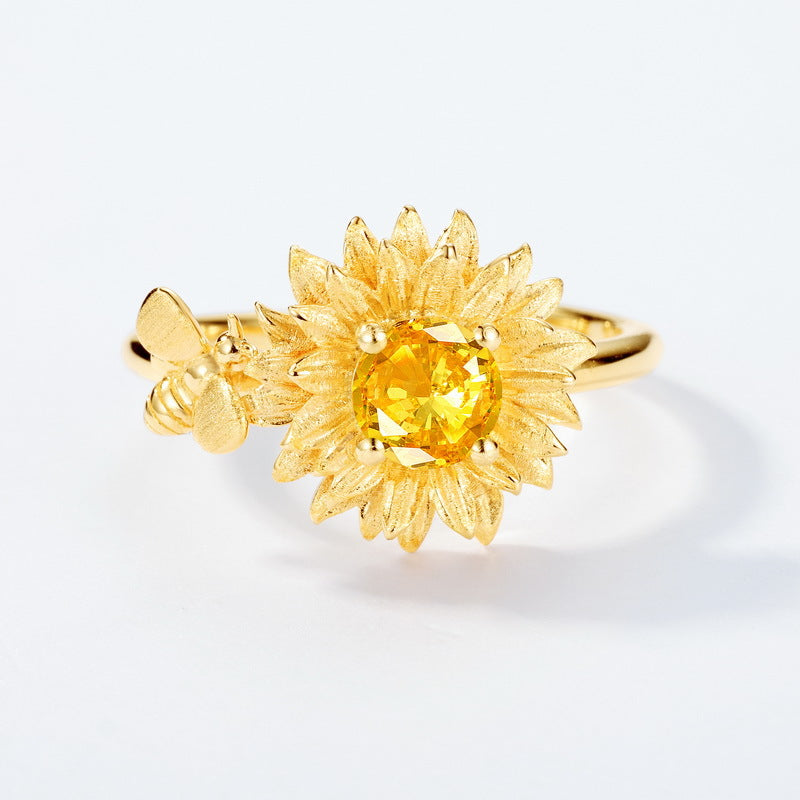 Origsoul gold sunflower ring with yellow gemstone and bee detail jewelry accessory