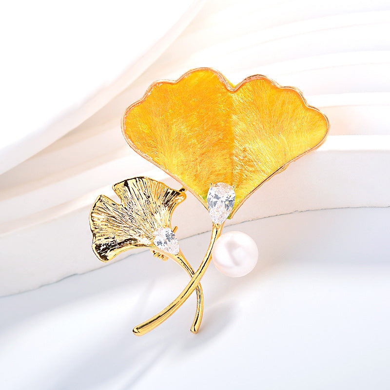 Origsoul gold and yellow brooch featuring ginkgo leaf tree design with pearl and crystal accents