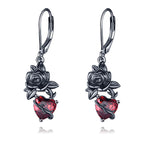 Origsoul gothic black rose earrings featuring a dark rose design and a red heart gemstone