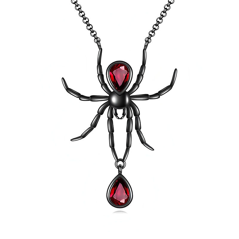 Origsoul gothic spider necklace with black metal spider and red gemstone accents on chain
