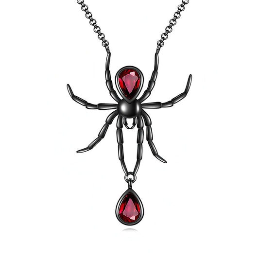 Origsoul gothic spider necklace with black metal spider and red gemstone accents on chain