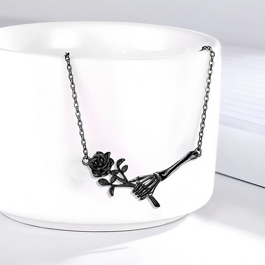 Origsoul black skeleton hand holding rose necklace Halloween gothic jewelry for women