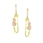 Origsoul gold heart shaped safety pin earrings with pink heart stones and crystal hoops